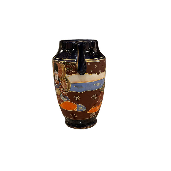 Vintage Japanese Hand Painted Moriage Vase 7" Tall Blue Brown With Handles - Picture 4 of 8